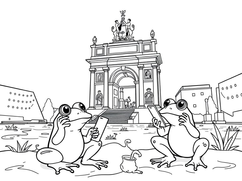 frogs near italian monument playing with cellular phones