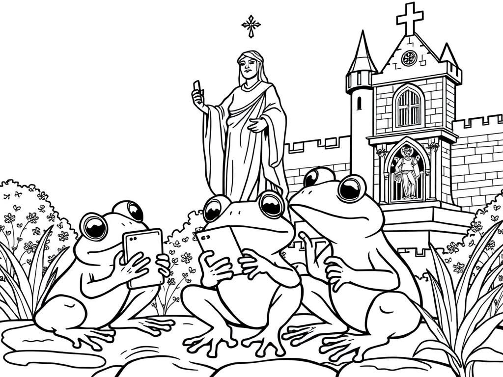 frogs playing with cellular phone, near a medieval statue