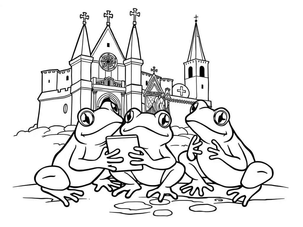 frogs playing with cellular phone, near a medieval statue