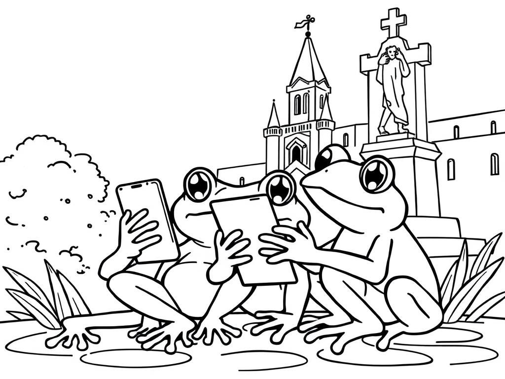 frogs playing with cellular phone, near a medieval statue