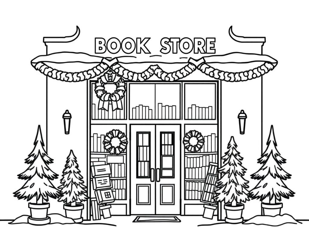 Front entrance of a book store. It should be decorated for winter and Christmas with wreaths and pine trees - Free Printable Coloring Page