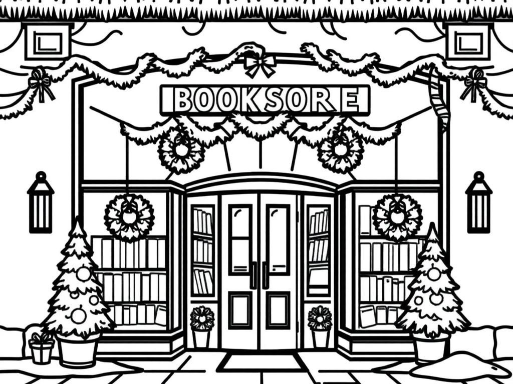 Front entrance of a bookstore decorated for winter and Christmas with wreaths and pine trees - Free Printable Coloring Page