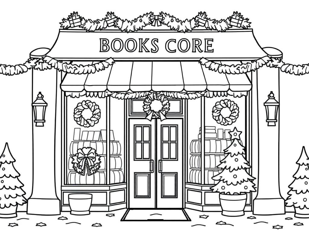 Front entrance of a bookstore decorated for winter and Christmas with wreaths and pine trees - Free Printable Coloring Page