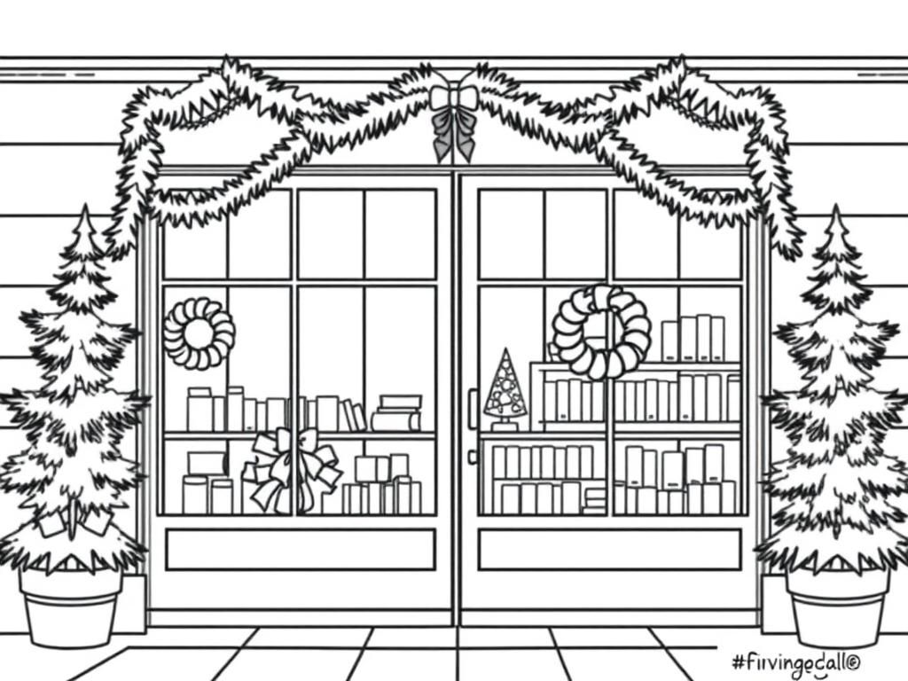 Front windows and door of a bookstore decorated for winter and Christmas with wreaths and pine trees