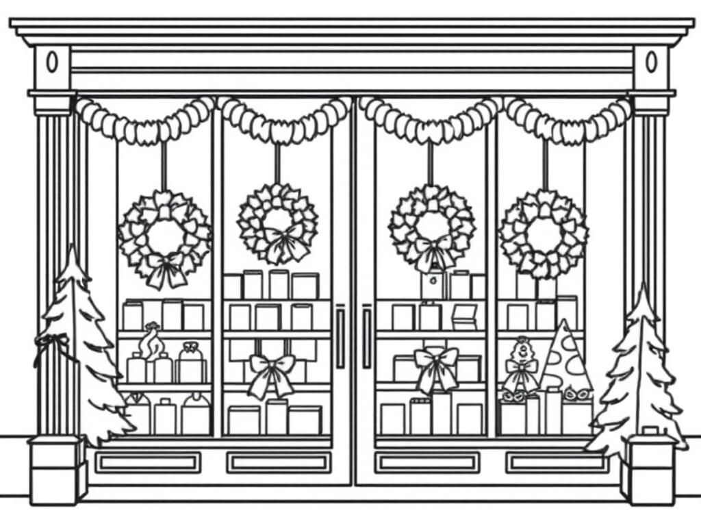 Front windows of a bookstore decorated for Christmas with wreaths and pine trees