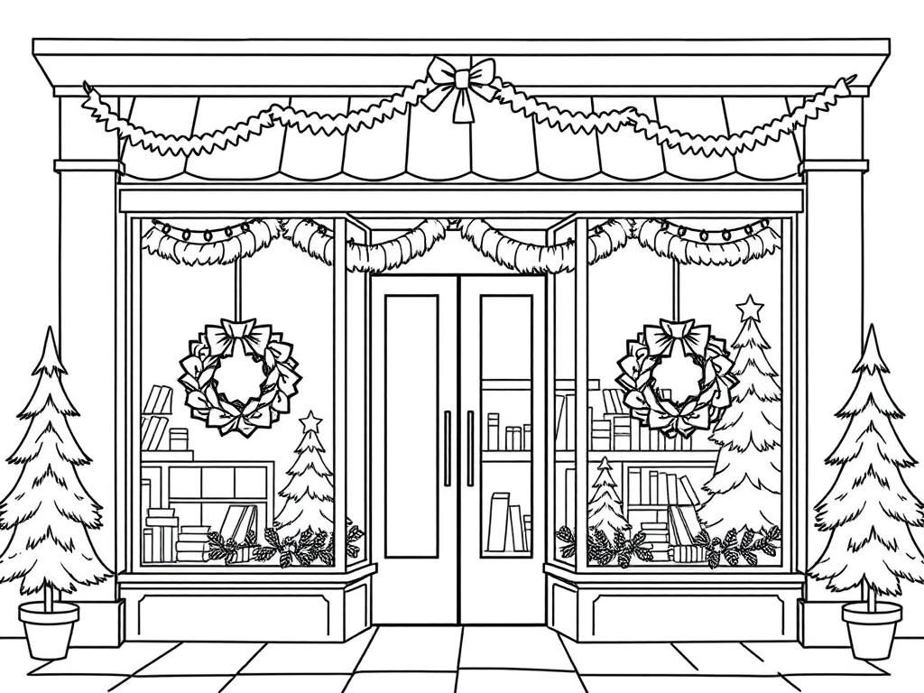 Front windows of a bookstore decorated for Christmas with wreaths and pine trees