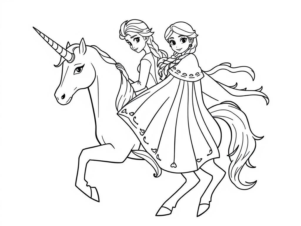 Two Princesses on a Unicorn Coloring Page