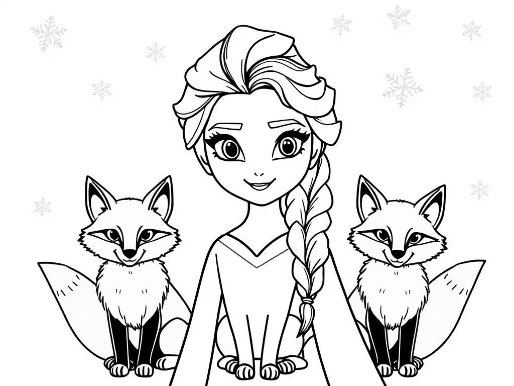 Elsa with Foxes Coloring Page