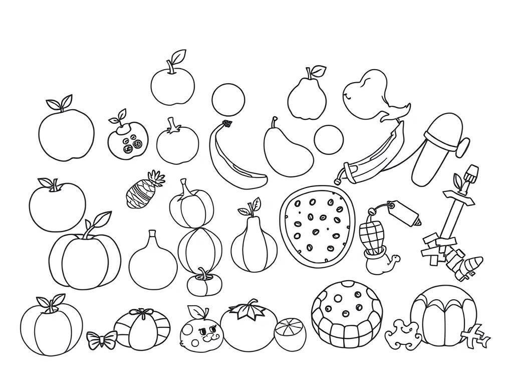 Preview of fruits animals and toys on single a4 size page total 12 drawing on single page