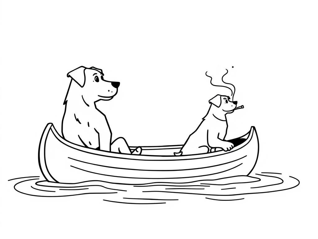 funny profile view of canoe with front brown dog  and  cigaret smoking man