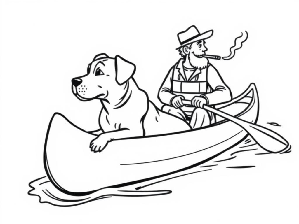 funny profile view of canoe with front brown dog  and  cigaret smoking man