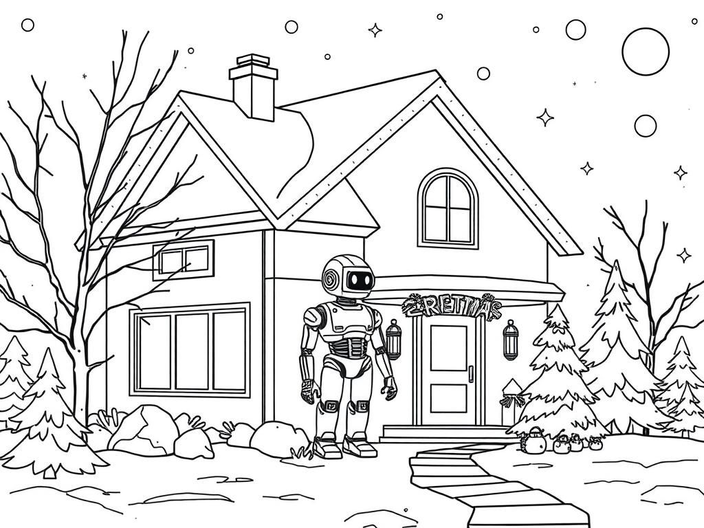 futuristic cyberpunk christmas winter house, robot outside