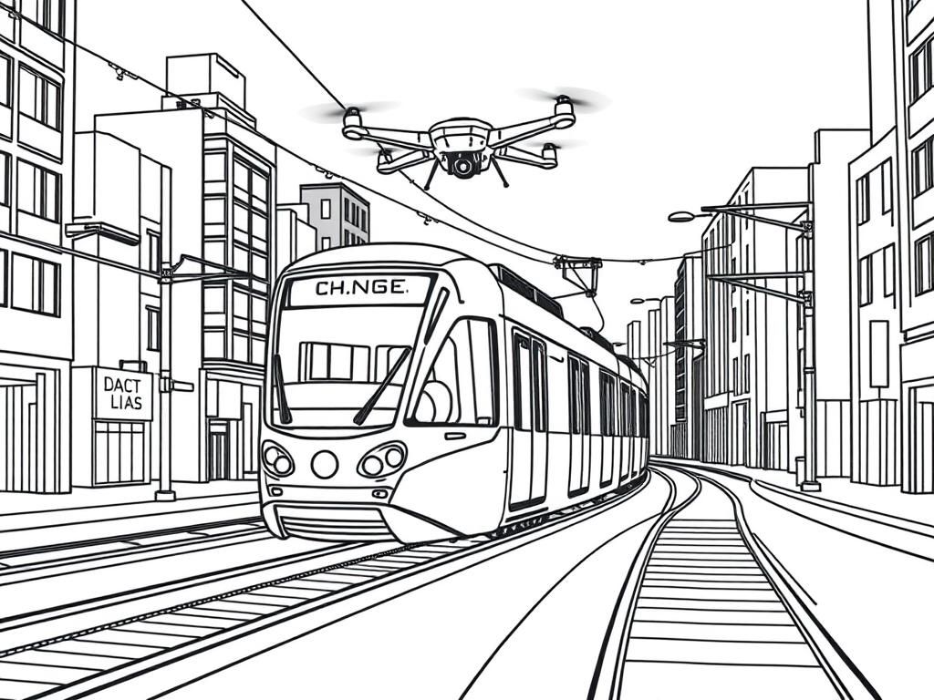 futuristic tram with drone floating above it in city full of buildings with correctly placed rails