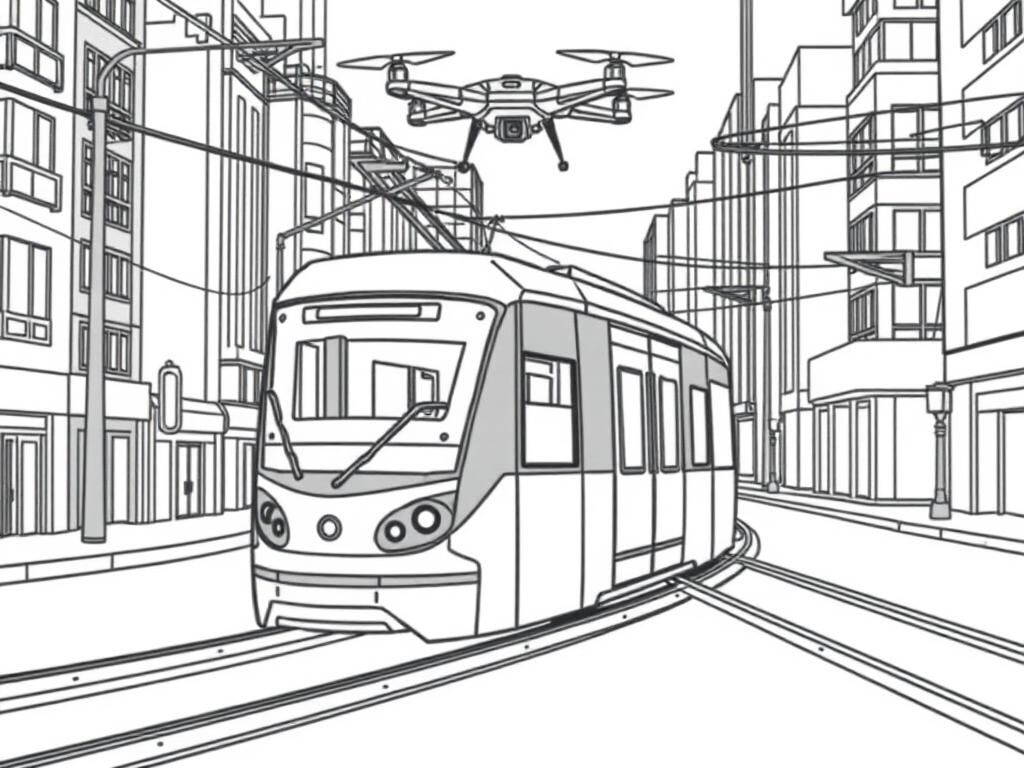 futuristic tram with drone floating above it in city full of buildings with correctly placed rails