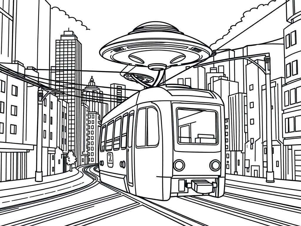 futuristic tram with ufo floating above it in city full of buildings