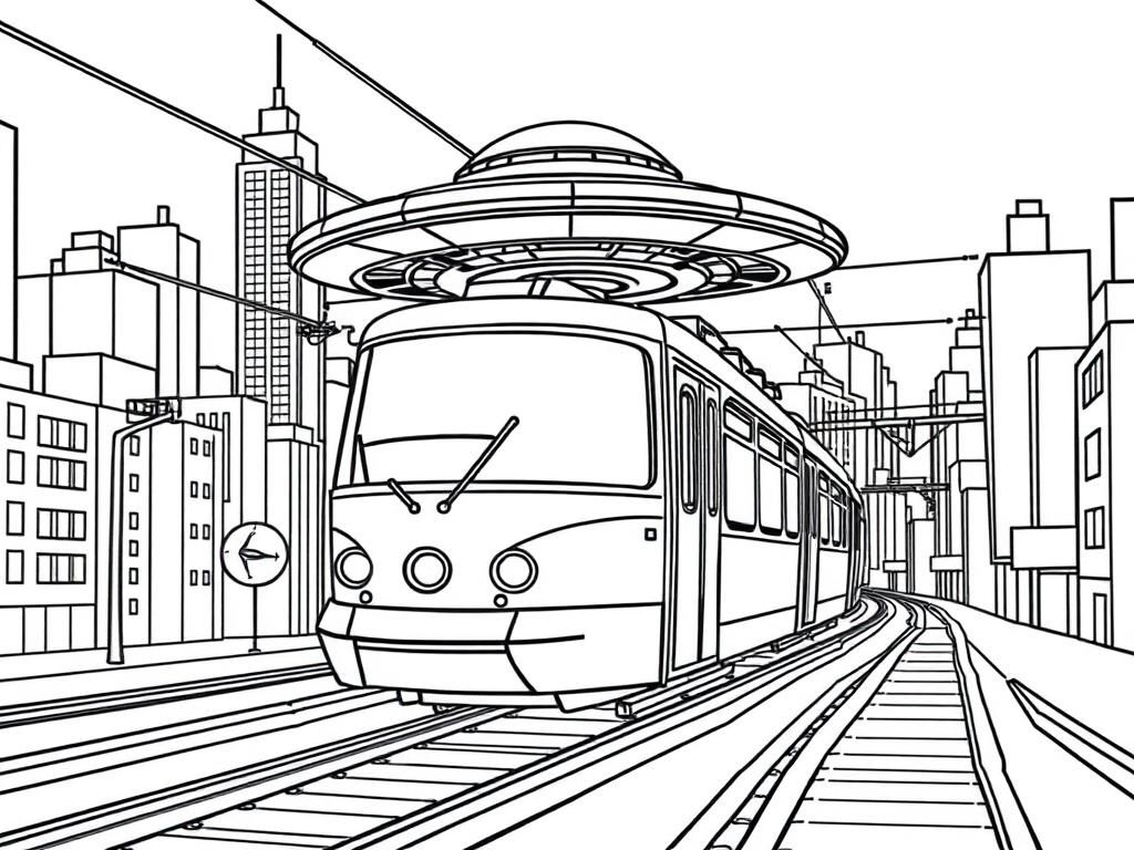 futuristic tram with ufo floating above it in city full of buildings with correctly placed rails