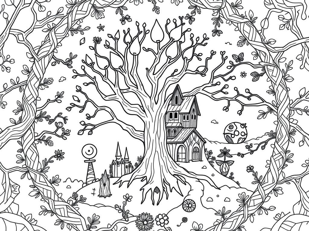 Fantasy Tree House Coloring Page