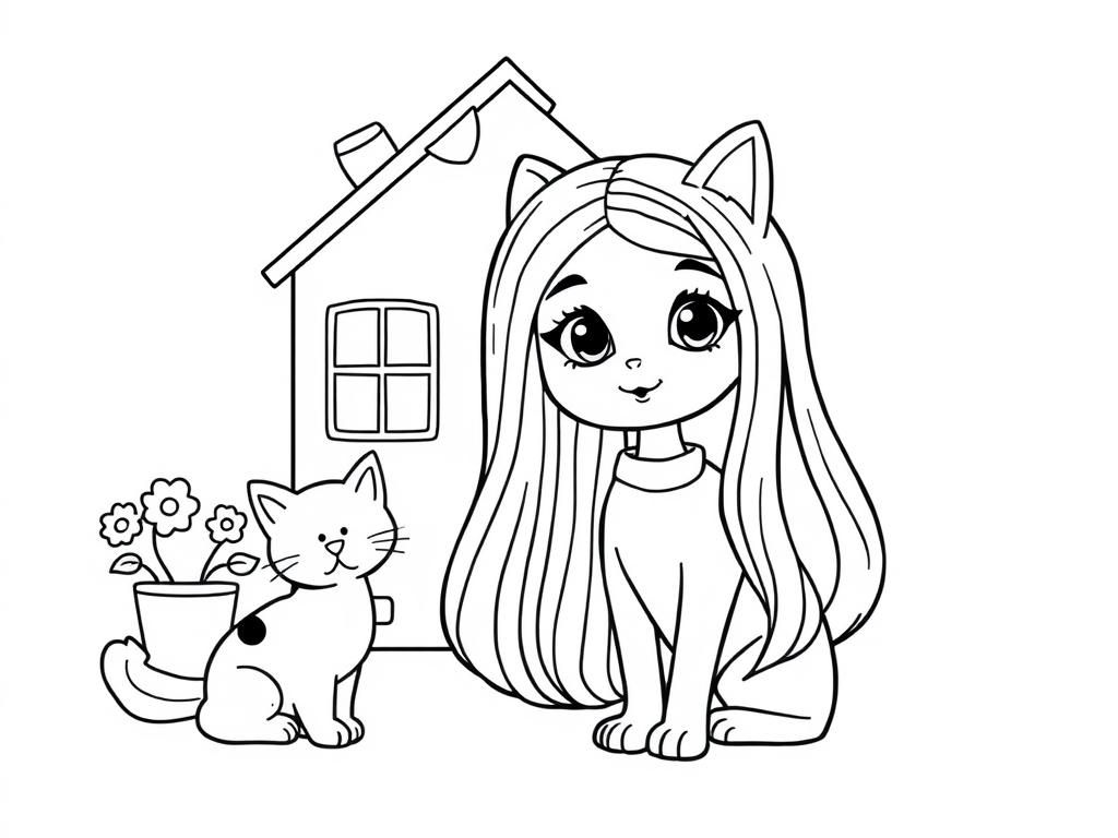 Cute Cartoon Girl with Cat Ears Coloring Page