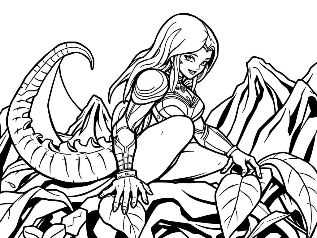 Fantasy Female Warrior Dinosaur Coloring Page
