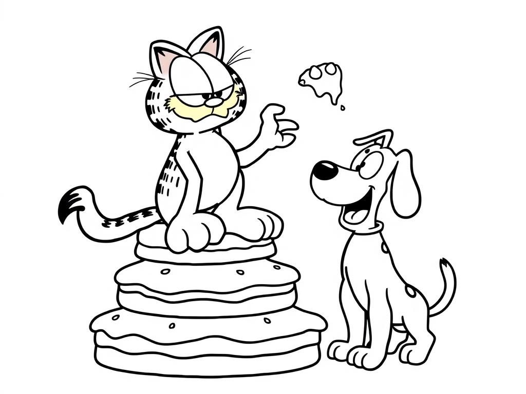 Garfield is sitting on a stack of pies. Garfield is angry and he is throwing a piece of pie at a goofy looking dog