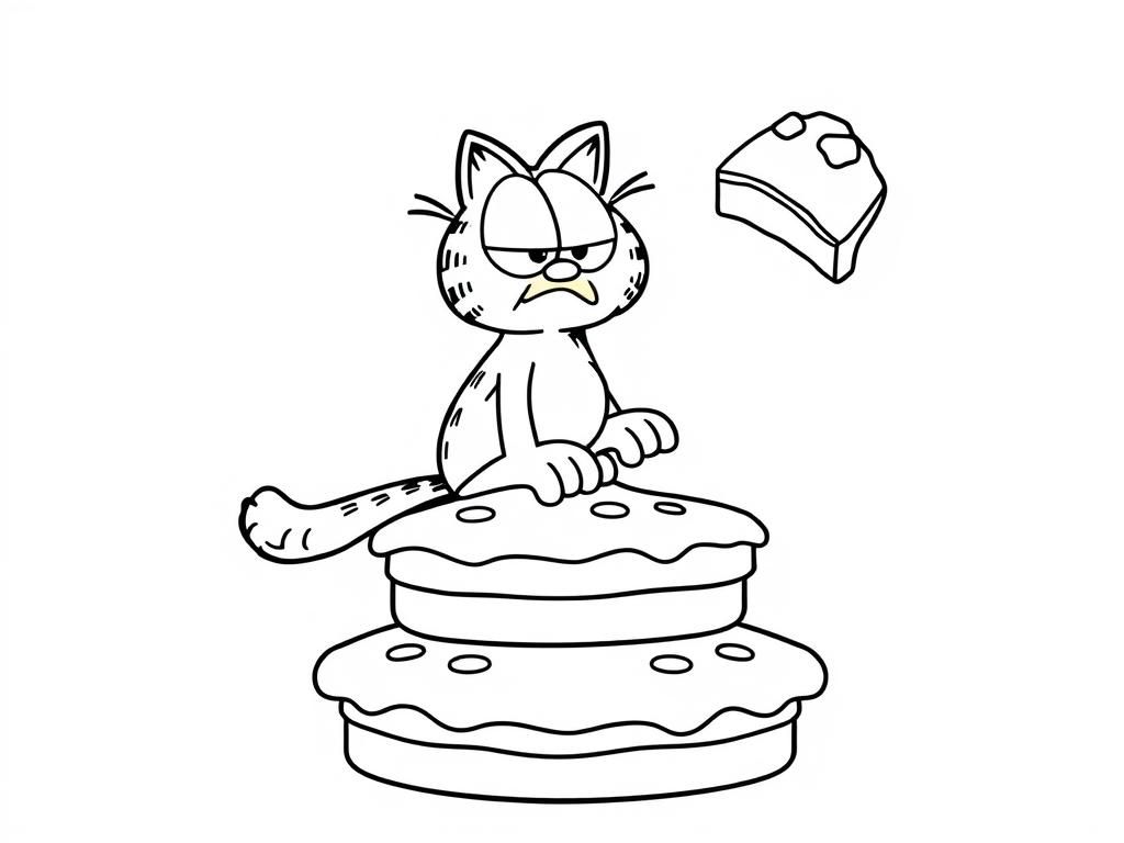 Garfield is sitting on a stack of pies. Garfield is angry and he is throwing a piece of pie at Odie.