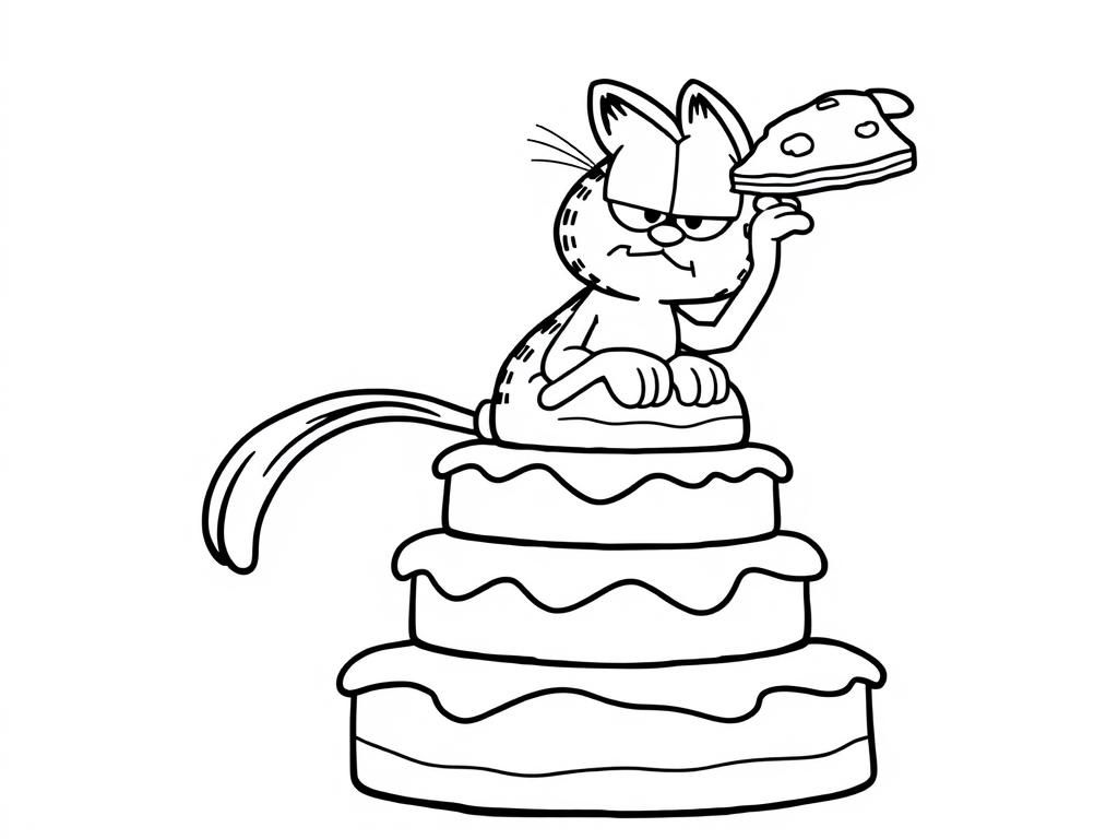 Garfield is sitting on a stack of pies. Garfield is angry and he is throwing a piece of pie at Odie the dog