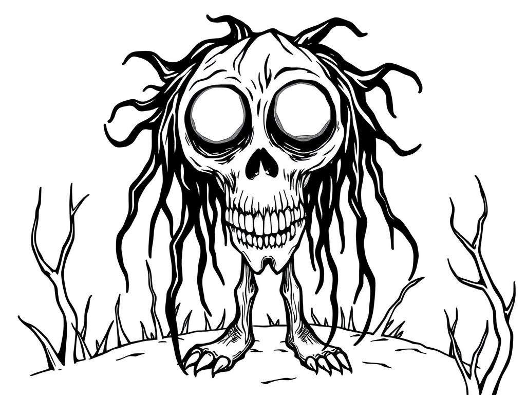 Coloring Page of a Zombie-Like Creature in a Natural Setting