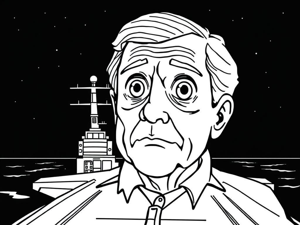 george bush with large anime eyes on an aircraft carrier at night