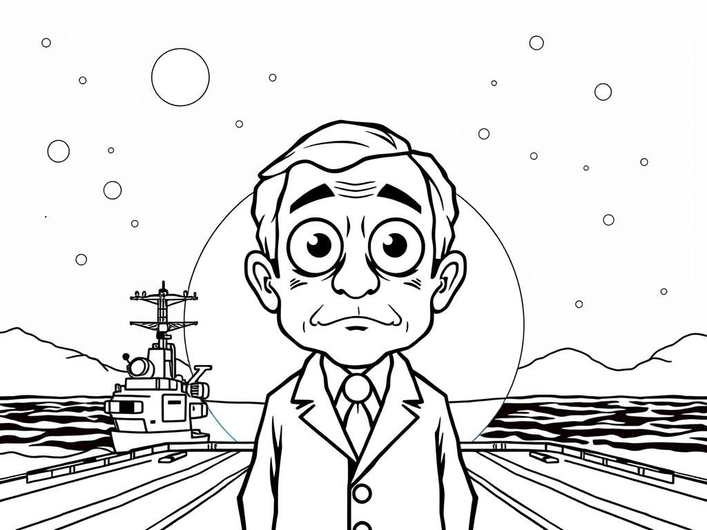 george bush with large anime eyes standing on an aircraft carrier at night