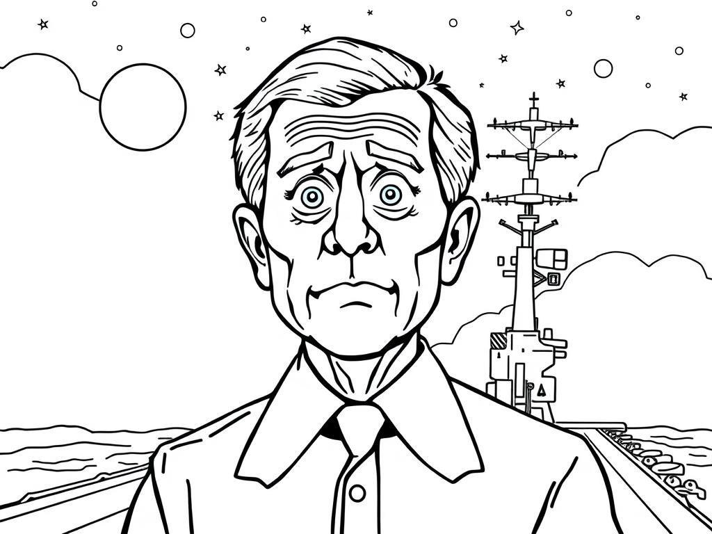 george bush with large anime style eyes standing on an aircraft carrier at night in the style of a linoleum print