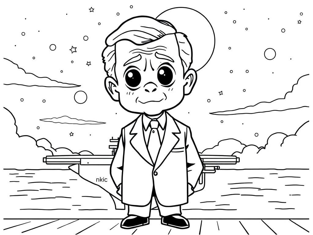 Preview of george bush with large anime style eyes standing on an aircraft carrier at night in the style of a woodblock print