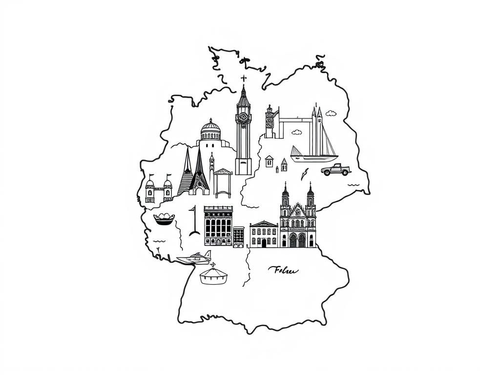 german landmarks arrangend at their correct spot on a map of germany