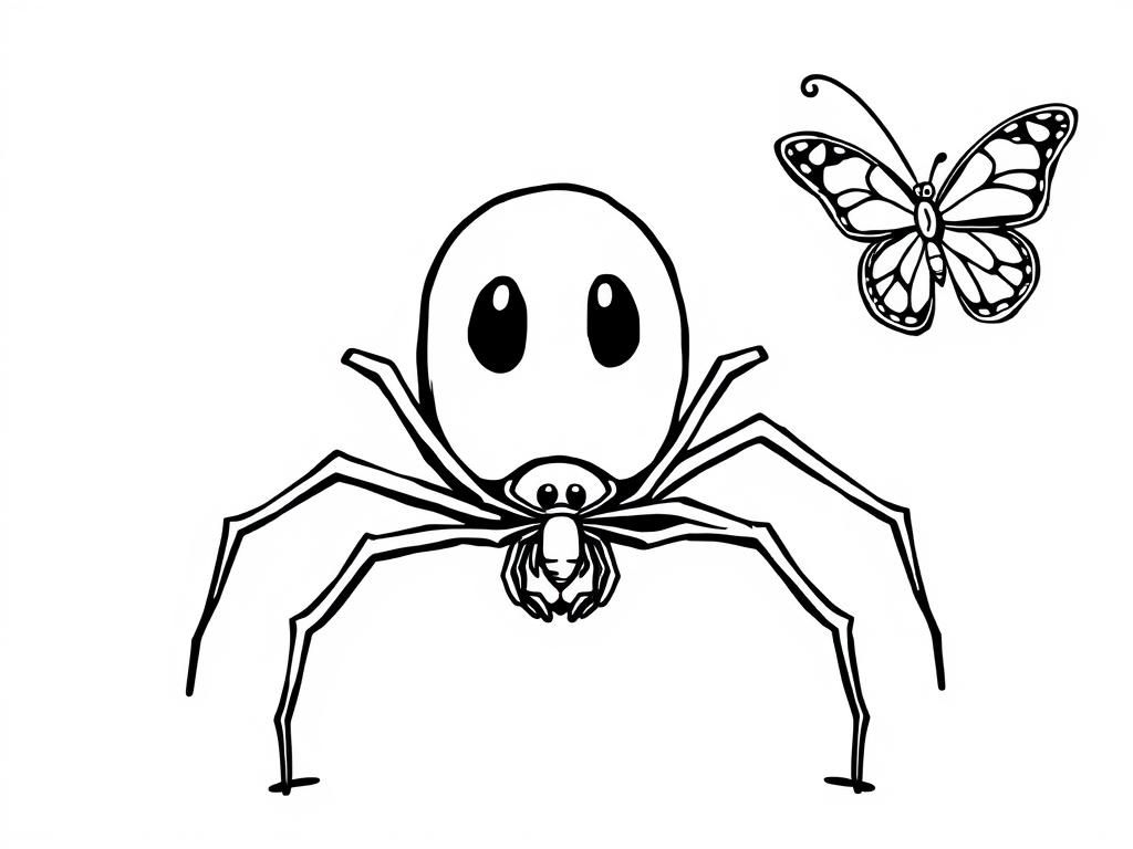 Happy Spider and Butterfly Coloring Page