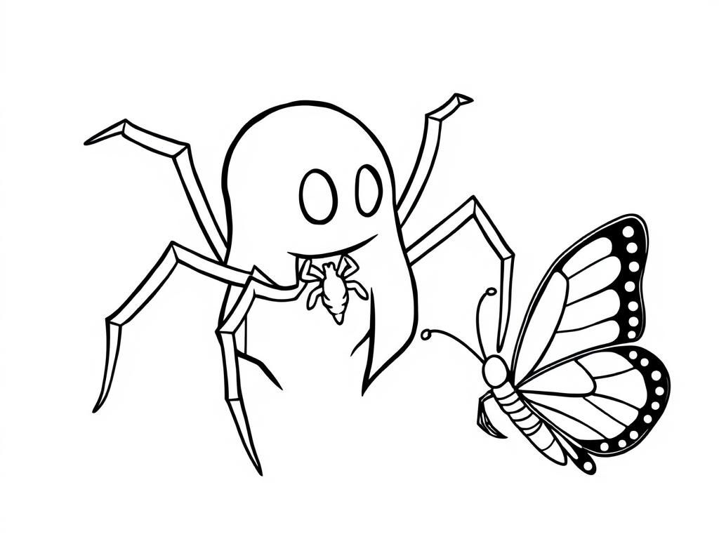 Ghost spider from friendly neighborhood Spiderman cartoon show and a butterfly - Free Printable Coloring Page