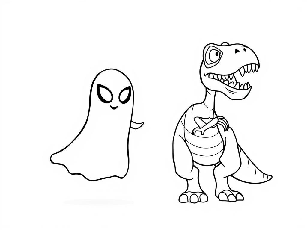 Halloween Ghost and Dinosaur Coloring Page