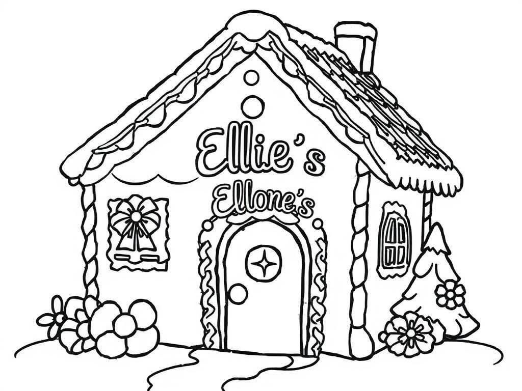 Gingerbread house that says Ellie's Christmas Coloring Book - Free Printable Coloring Page