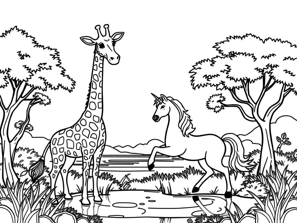 Giraffe and Horse Friends Coloring Page
