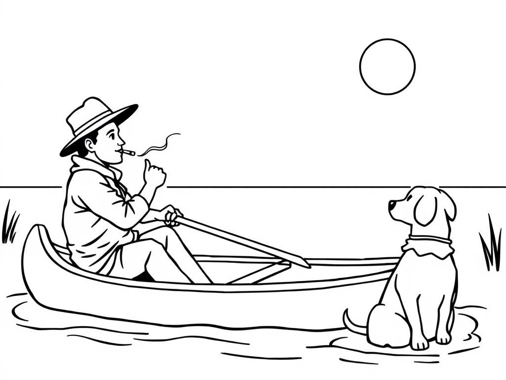 girl and night view of canoe with a brown dog at right and cigaret smoking dark man with hat at left on canoe looking both at right