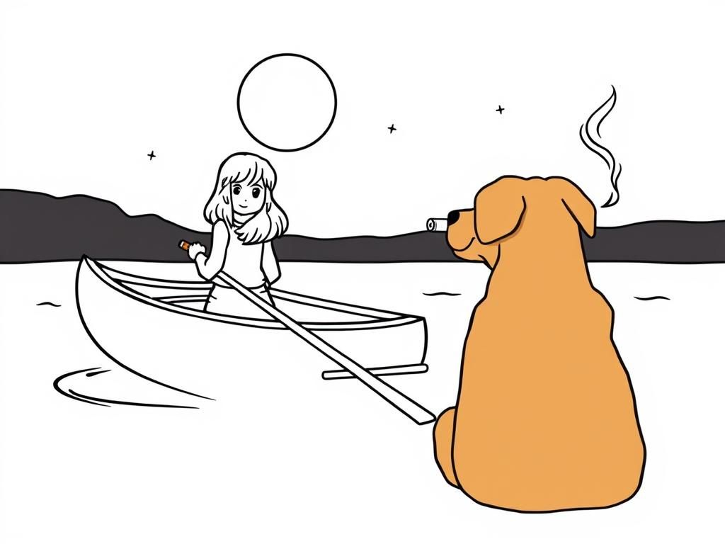 girl and night view of canoe with a brown dog at right and cigaret smoking  on canoe looking both at right