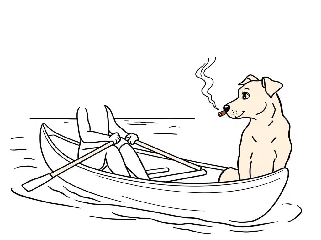 girl and night view of canoe with a brown dog at right and cigaret smoking  on canoe looking both at right