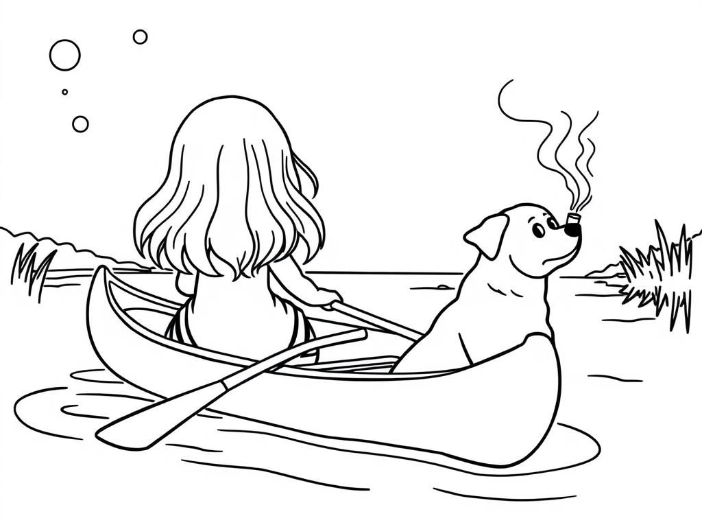 girl and night view of canoe with a brown dog at right and cigaret smoking  on canoe looking both at right