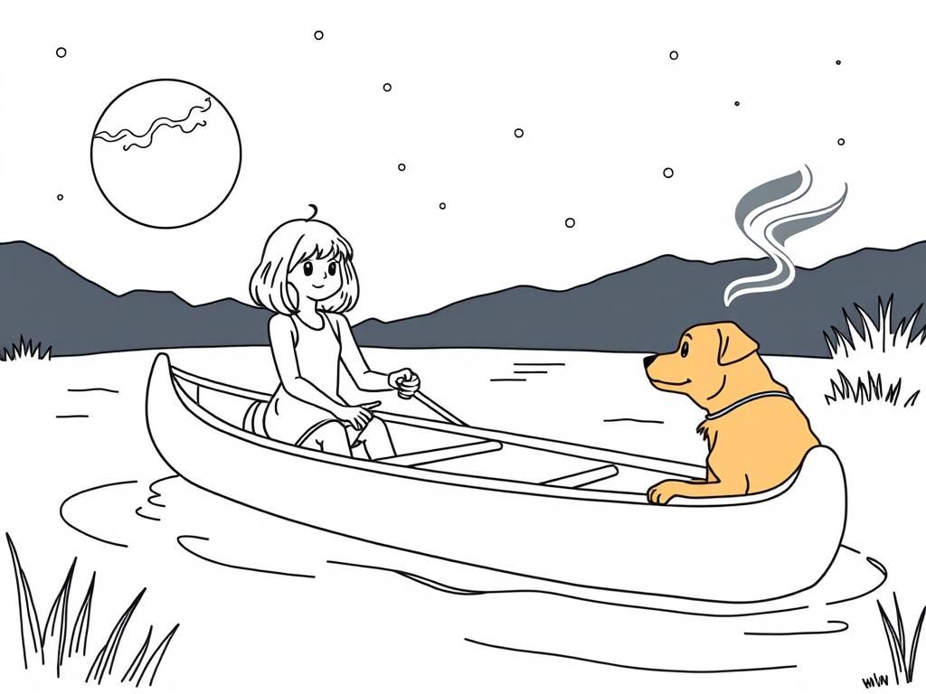 girl and night view of canoe with a brown dog at right and cigaret smoking  on canoe looking both at right