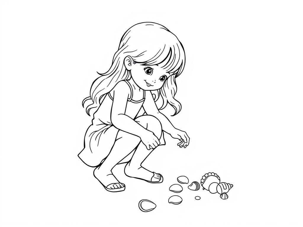 Girl Collecting Seashells Coloring Page