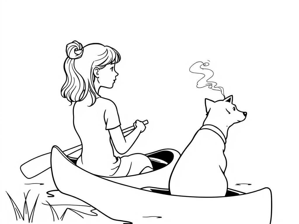 girl with profile view of canoe  brown dog  and back smoking man