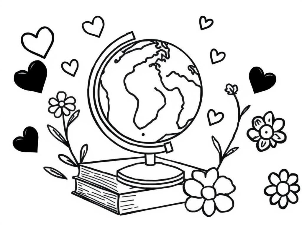 globe, books, hearts, flowers