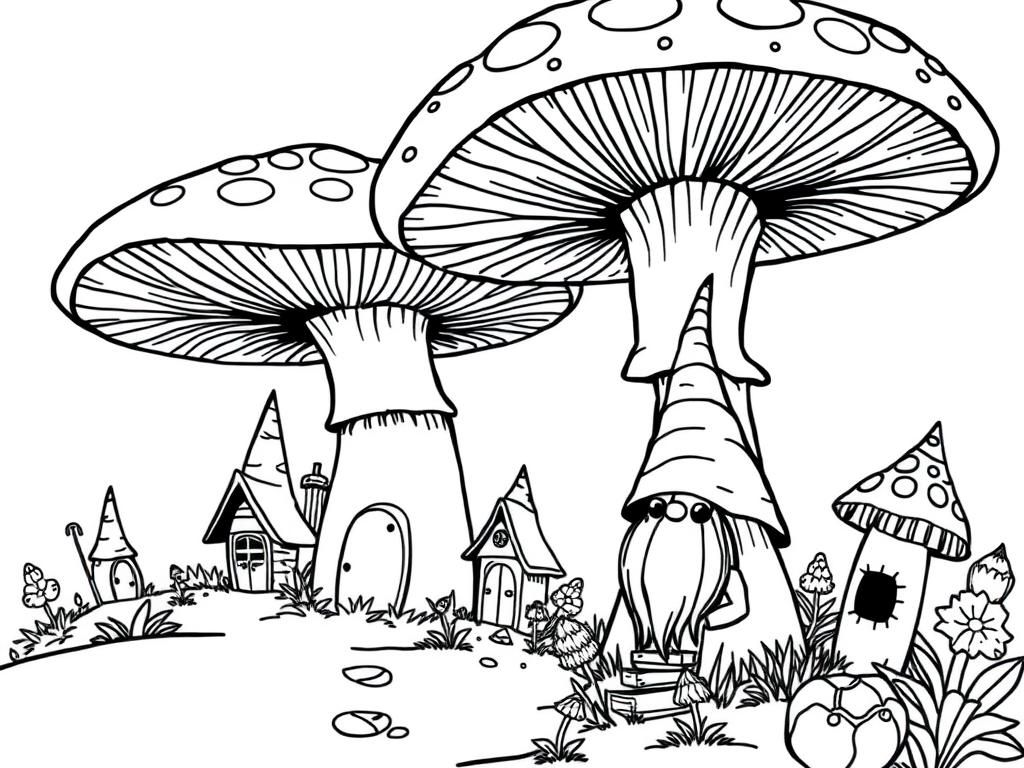 Fantasy Mushroom Village Coloring Page
