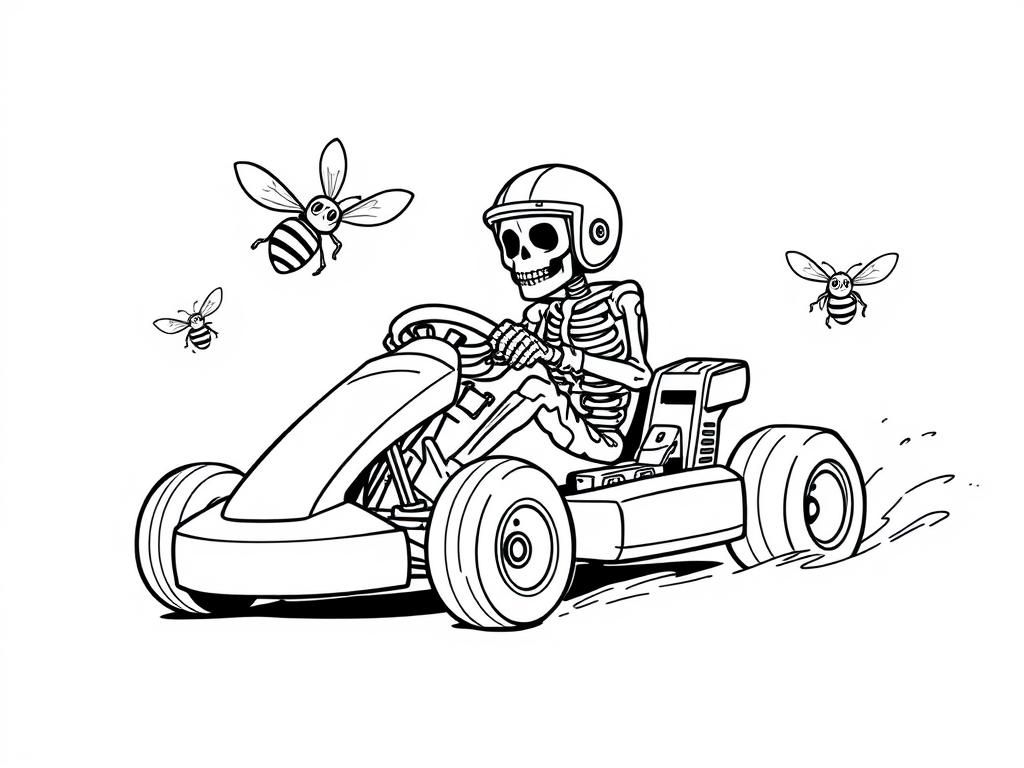 Go kart driven by a skeleton wearing a helmet and being chased by bees