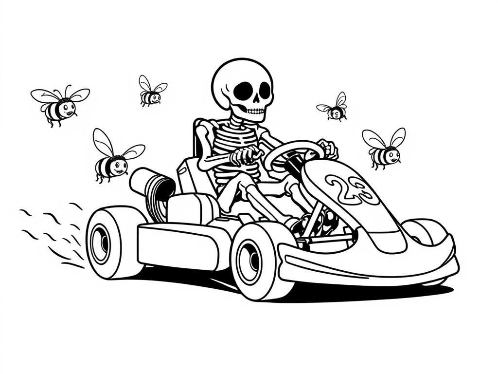 Go kart with the number 203 driven by a skeleton being chased by bees