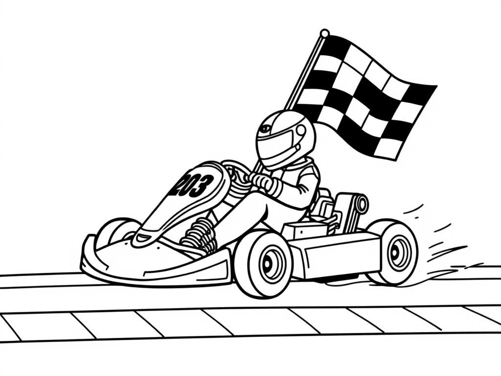 Go kart with the number 203 going across the finish line with a checkered flag