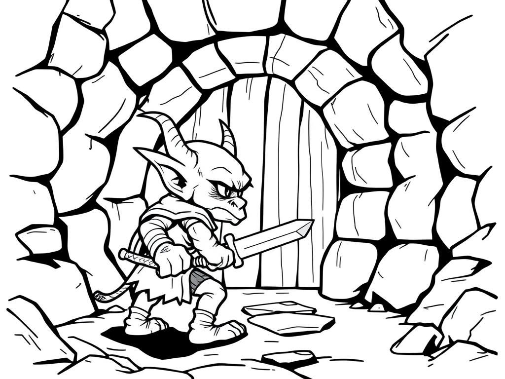 Preview of goblin approaching a dungeon entrance, dagger drawn